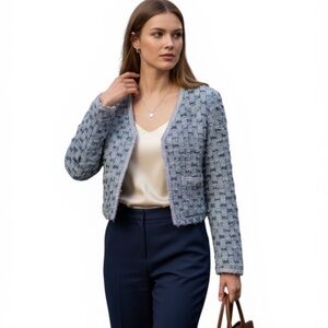 CREAM - Denim Cropped Light Blue Tweed Jacket - Women's V-Neck Blazer small